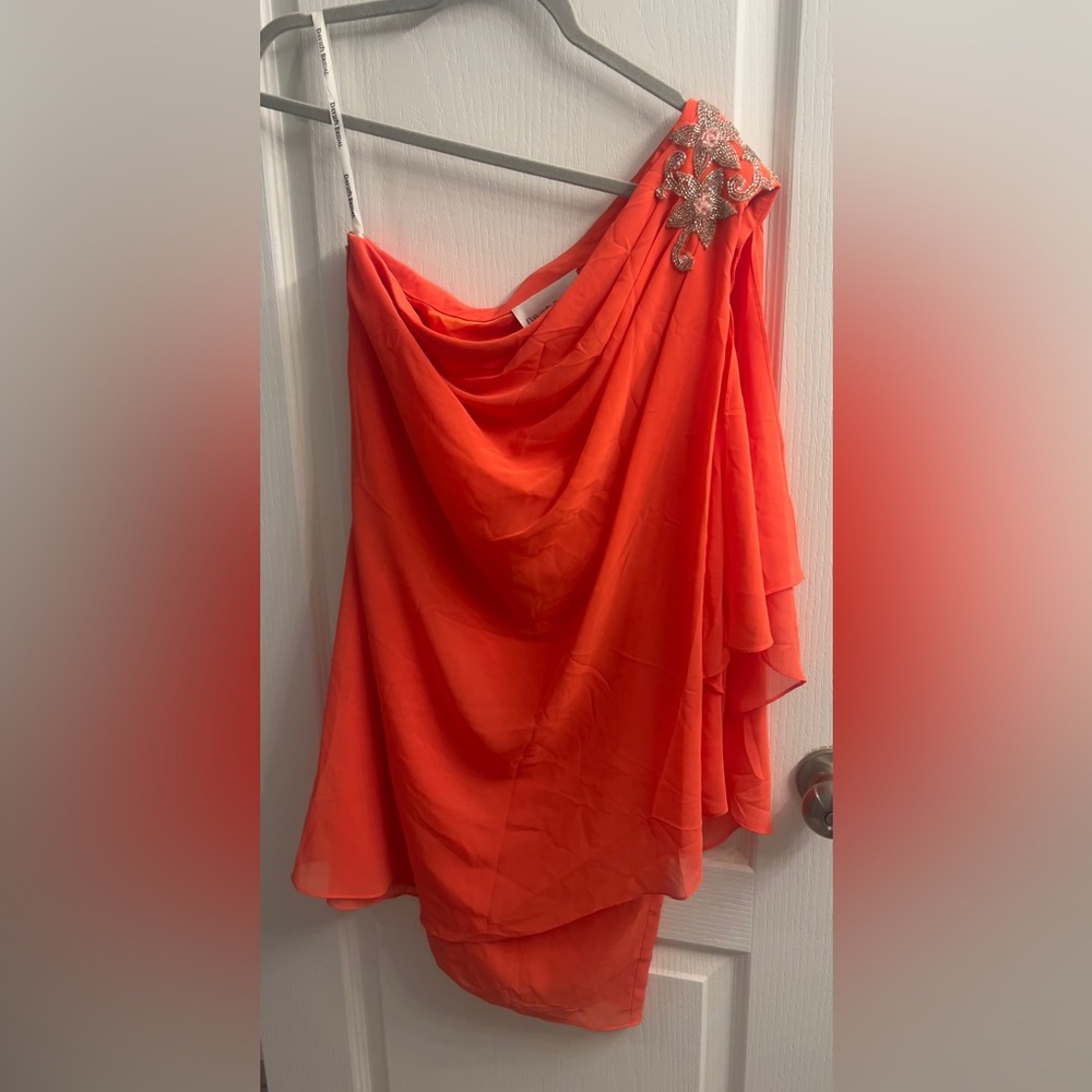 David's Bridal Vibrant Orange above the knee cocktail dress